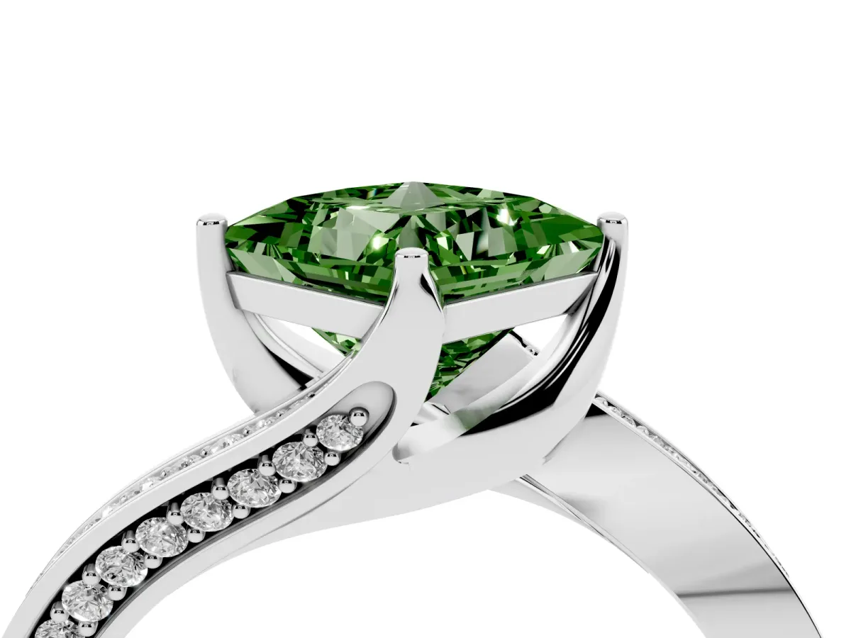 Fancy Green Princess Cut Solitaire Diamond Twist Band with Pavé Setting and Four-Prong Setting Silver
