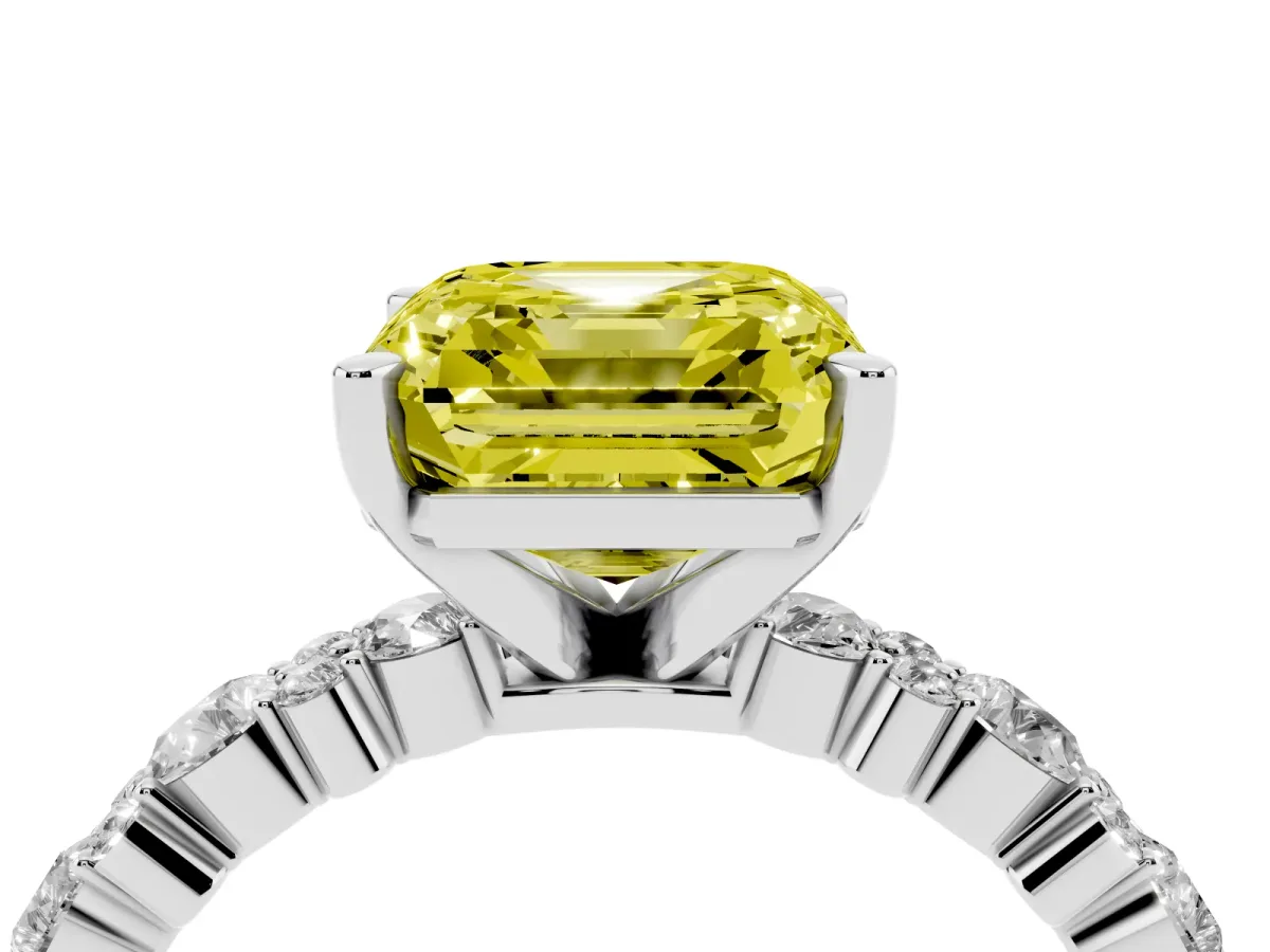 Fancy Yellow Asscher Cut Diamond Side Stone Solitaire Ring with Round and Four-Prong Setting Platinum