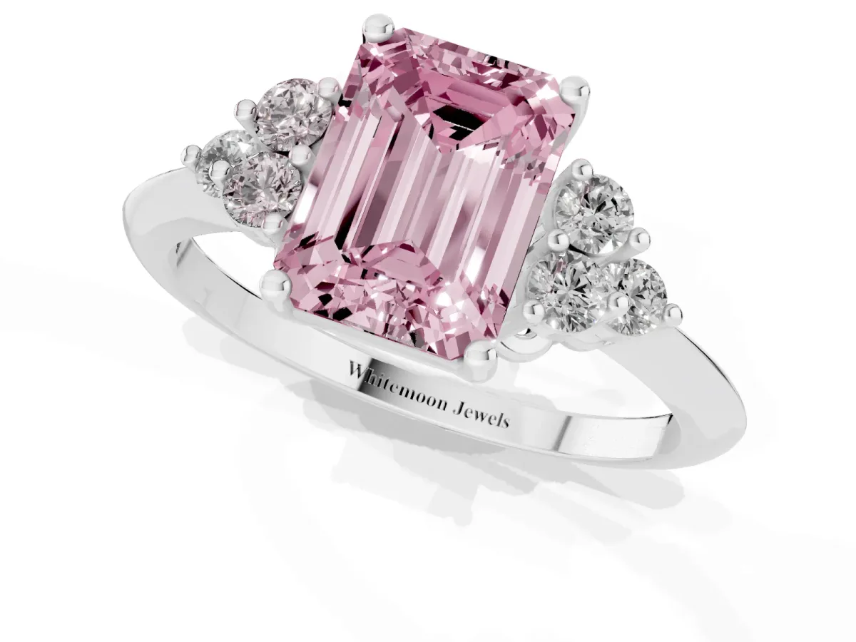 Fancy Pink Emerald Cut Cut Diamond Cluster Ring with Solitaire Band and Four-Prong Setting Silver