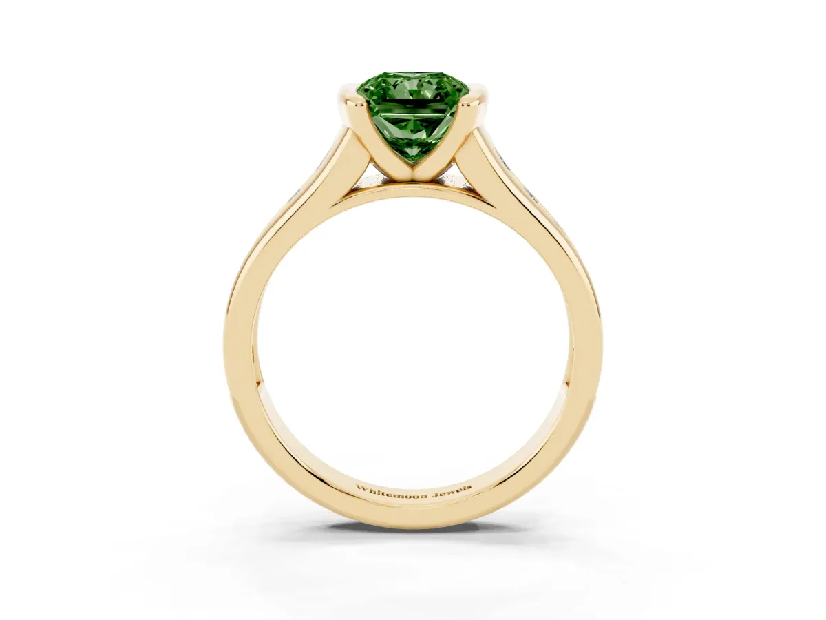 Fancy Green Radiant Cut Solitaire Bezel-Set Diamond Ring with Channel-Set Band Yellow gold