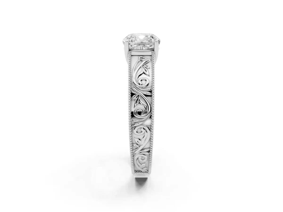 Cushion Cut Diamond Solitaire Ring with Engraved Band and Four-Prong Setting Silver