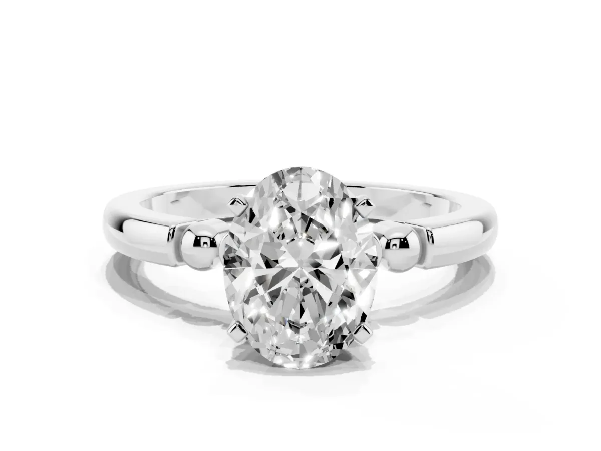 Oval Cut Solitaire Beaded Band with Four-Prong Setting White gold