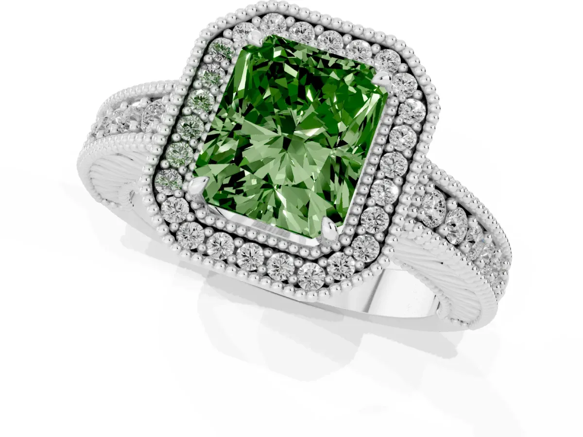 Fancy Green Radiant Cut Cut Halo Diamond Ring with Pavé Band and Four-Prong Setting Silver