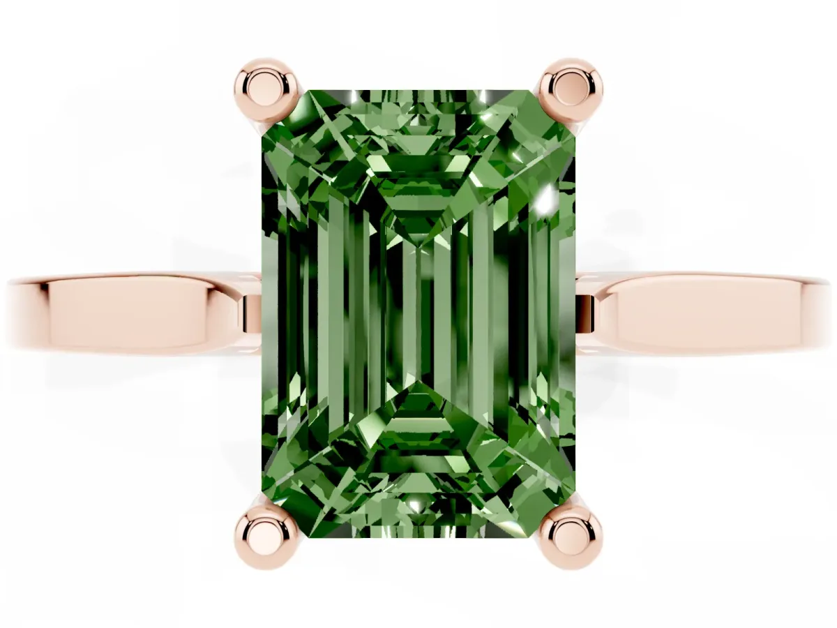 Fancy Green Emerald Cut Solitaire Diamond Ring with Four-Prong Setting and Tapered Band Rose gold
