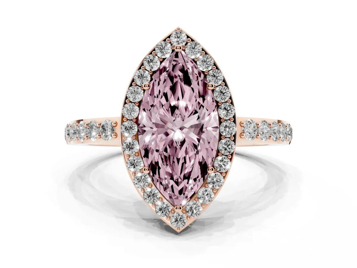 Fancy Pink Marquise Cut Halo Diamond Pavé Band Ring with Prong Setting Rose gold