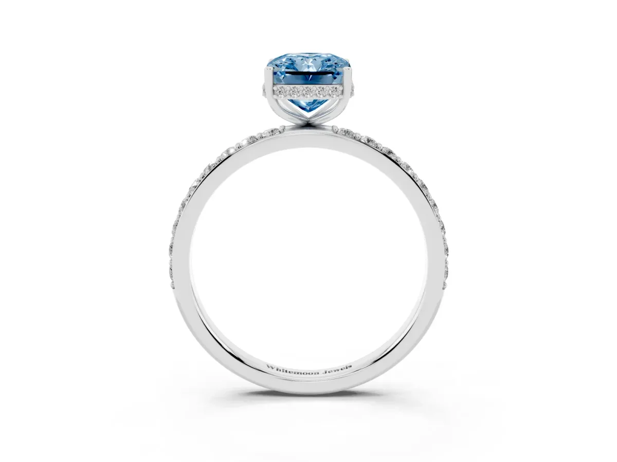Fancy Blue Radiant Cut Diamond Solitaire Ring with Pavé Band and Hidden Halo Silver