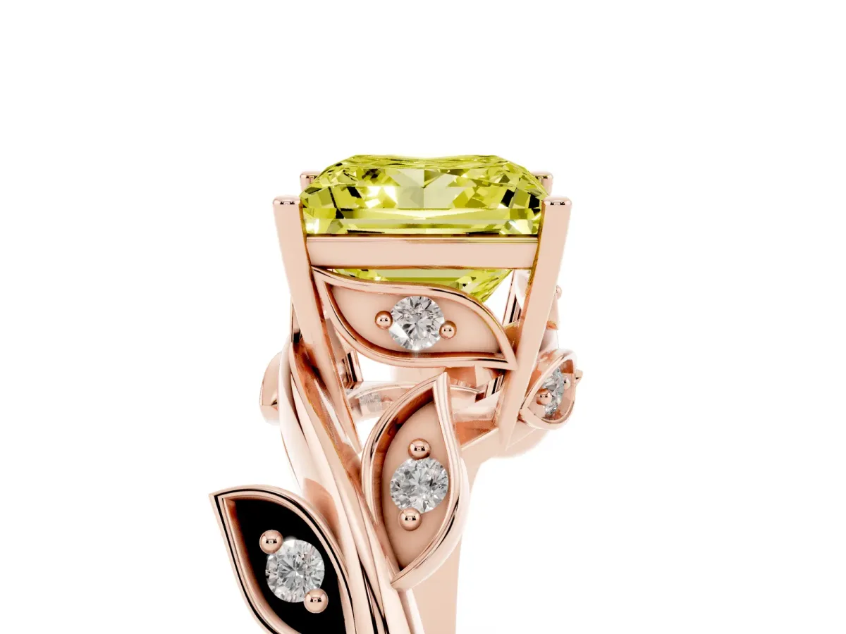 Fancy Yellow Princess Cut Solitaire Twist Engagement Ring with Leaf Accents and Prong Setting Rose gold