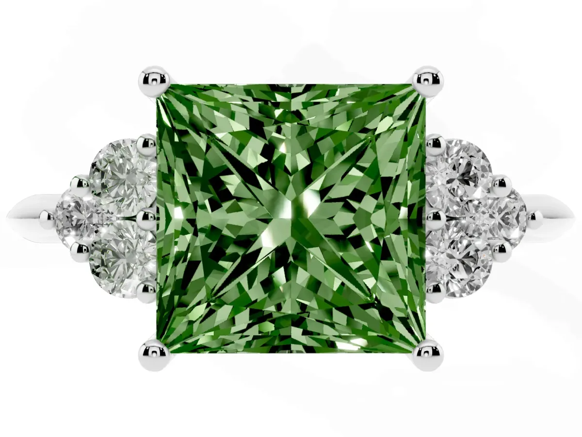 Fancy Green Princess Cut Cut Diamond Cluster Ring with Solitaire Band and Four-Prong Setting Silver