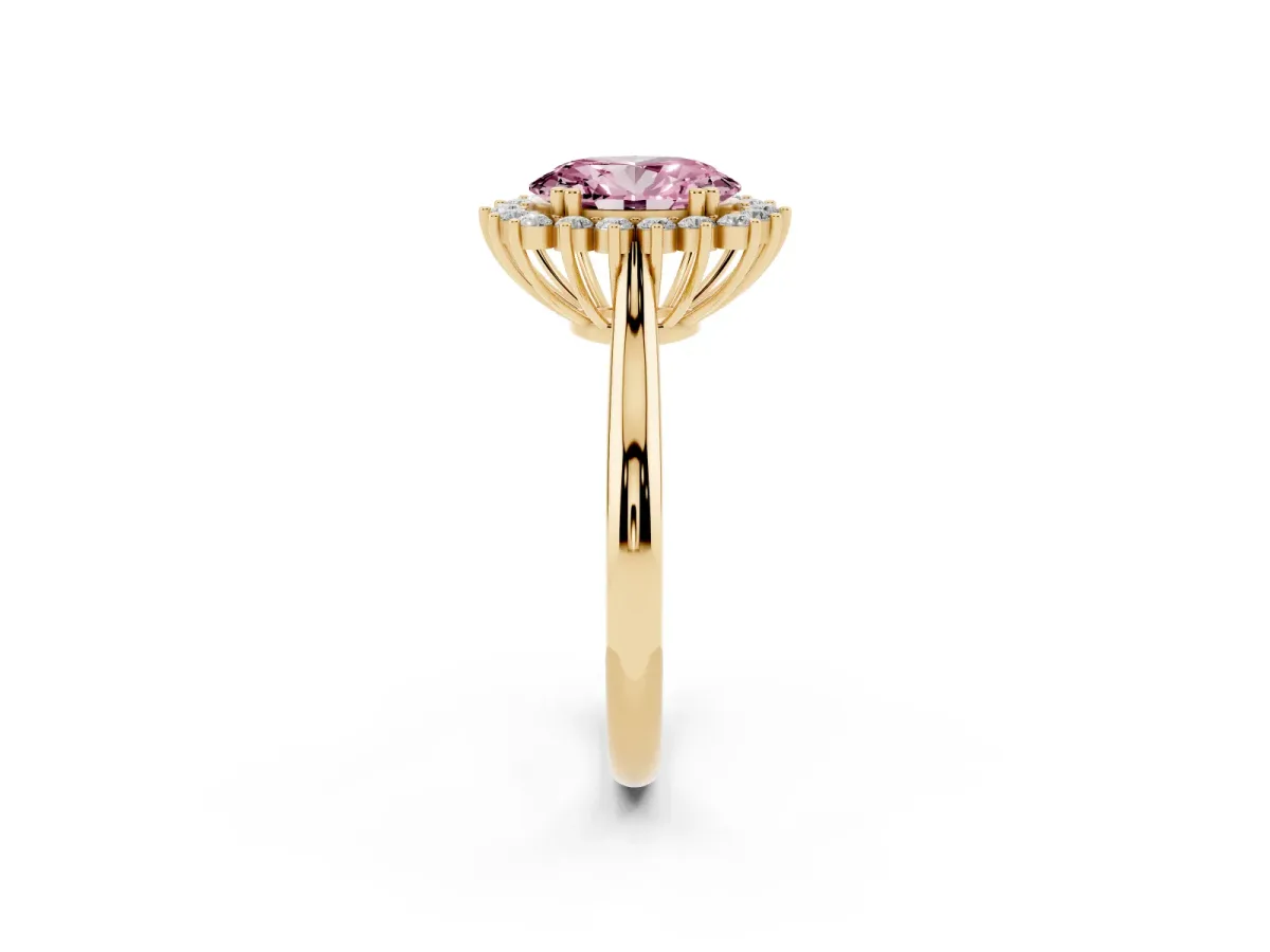 Fancy Pink Oval Cut Cut Diamond Halo Ring with Solitaire Band and Prong Setting Yellow gold