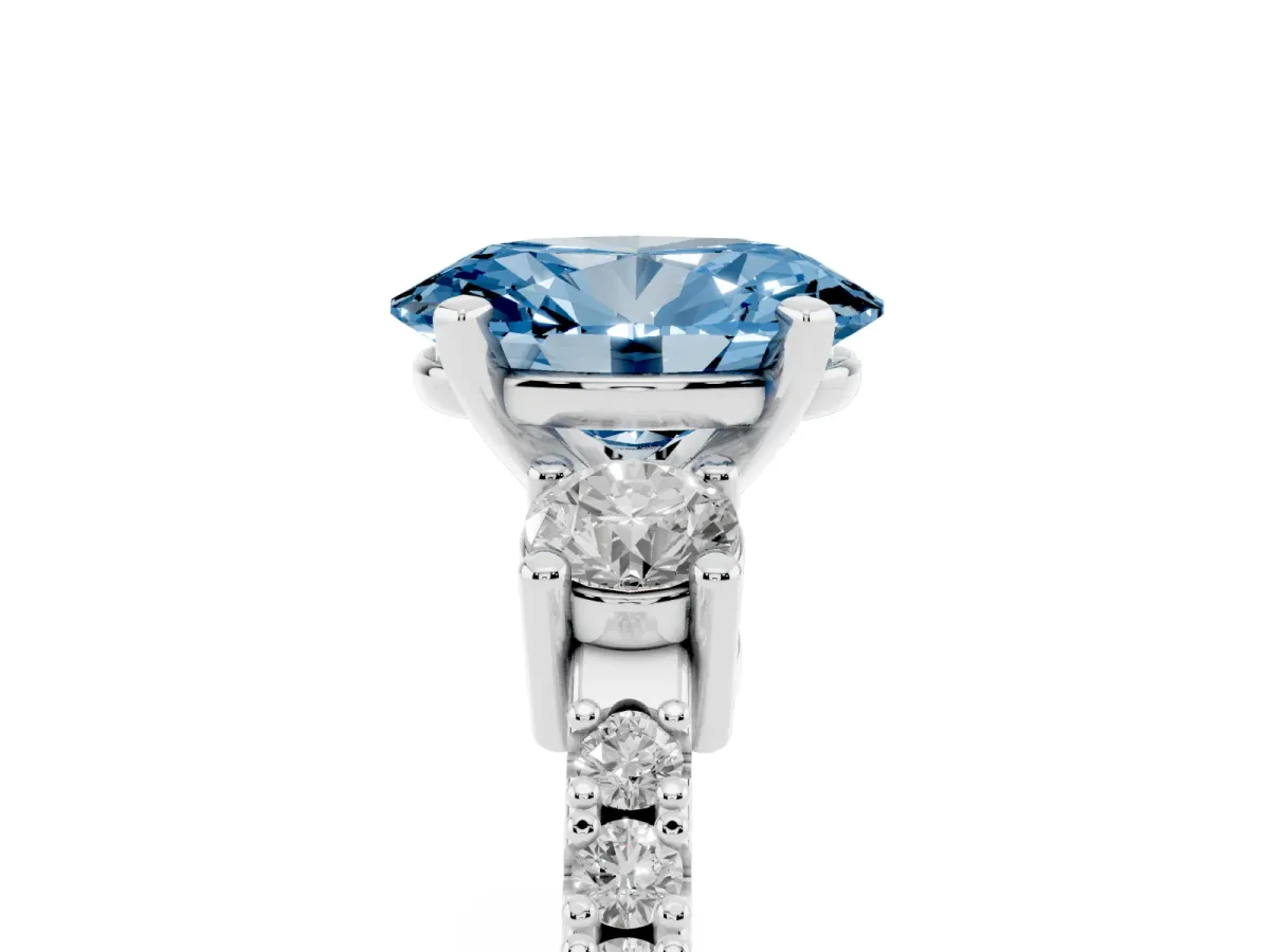Fancy Blue Oval Cut Three-Stone Diamond Pavé Band with Prong Setting Silver