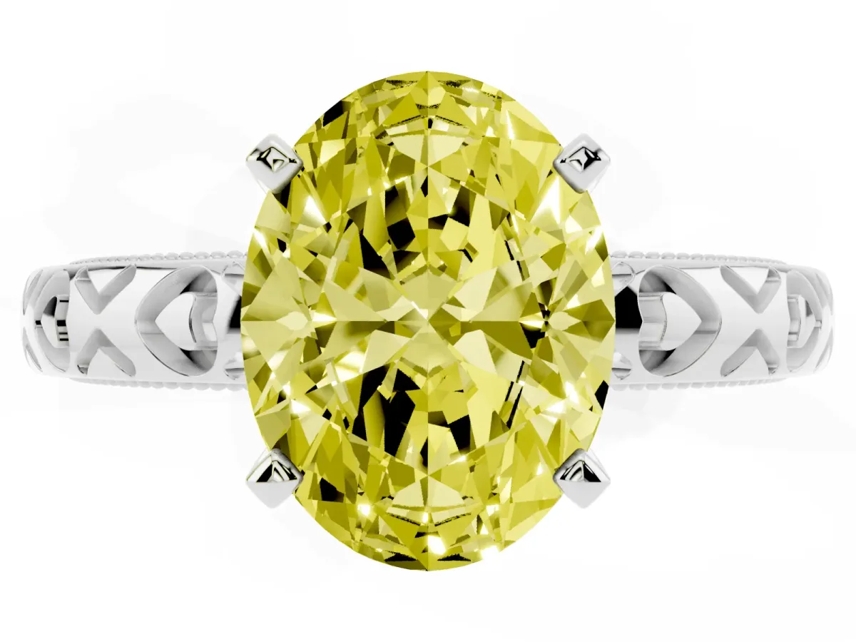 Fancy Yellow Oval Cut Solitaire Diamond Engagement Ring with XO Engraved Band and Four-Prong Setting Platinum
