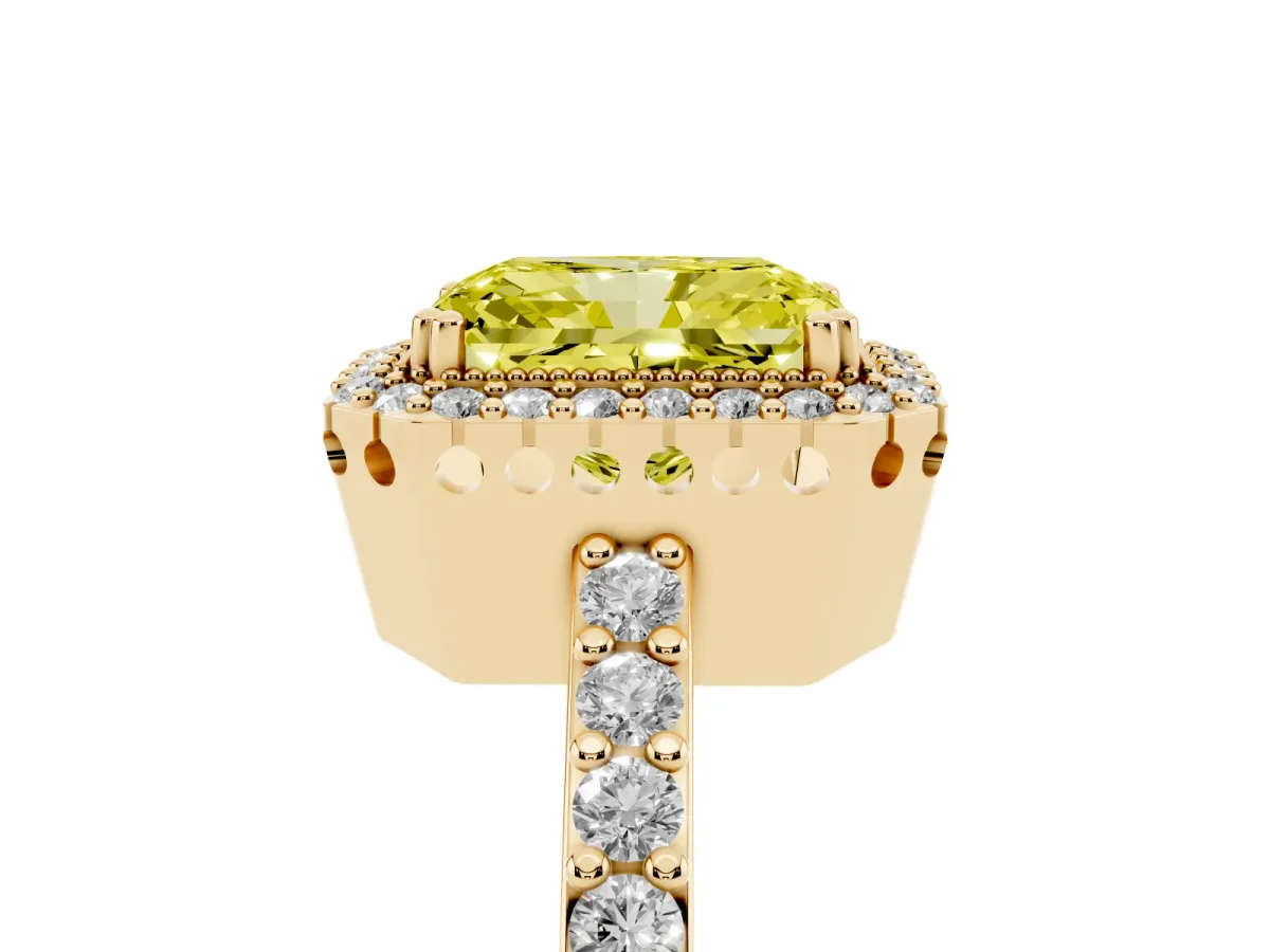 Fancy Yellow Radiant Cut Cut Diamond Halo Engagement Ring with Milgrain Detail and Pavé Band Yellow gold