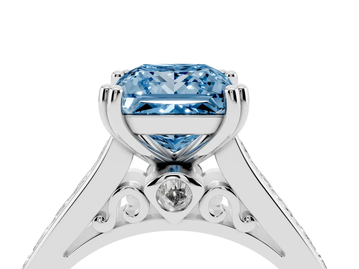 Fancy Blue Princess Cut Cut Channel Set Solitaire Engagement Ring with Prong Setting Platinum