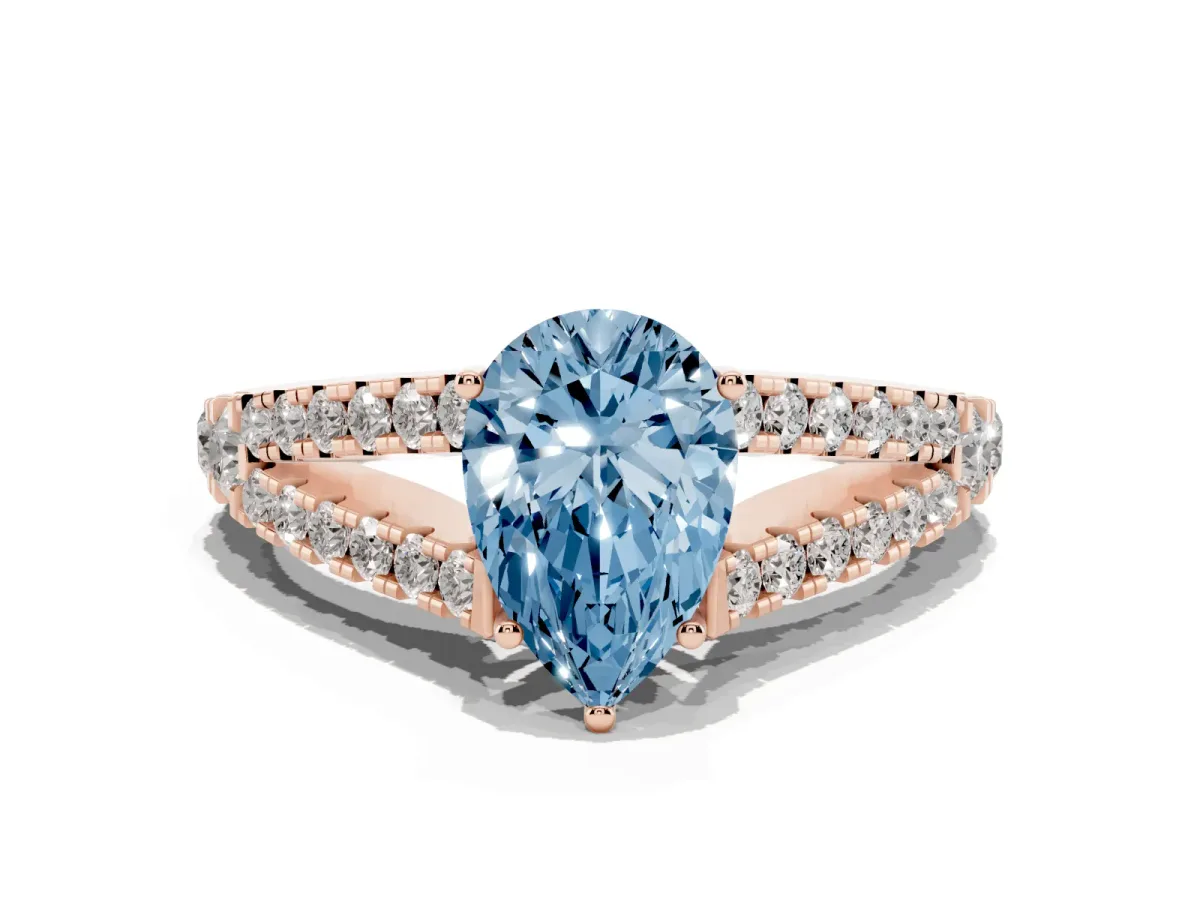 Fancy Blue Pear Cut Diamond Split Shank Engagement Ring with Round Pavé and Prong Setting Rose gold