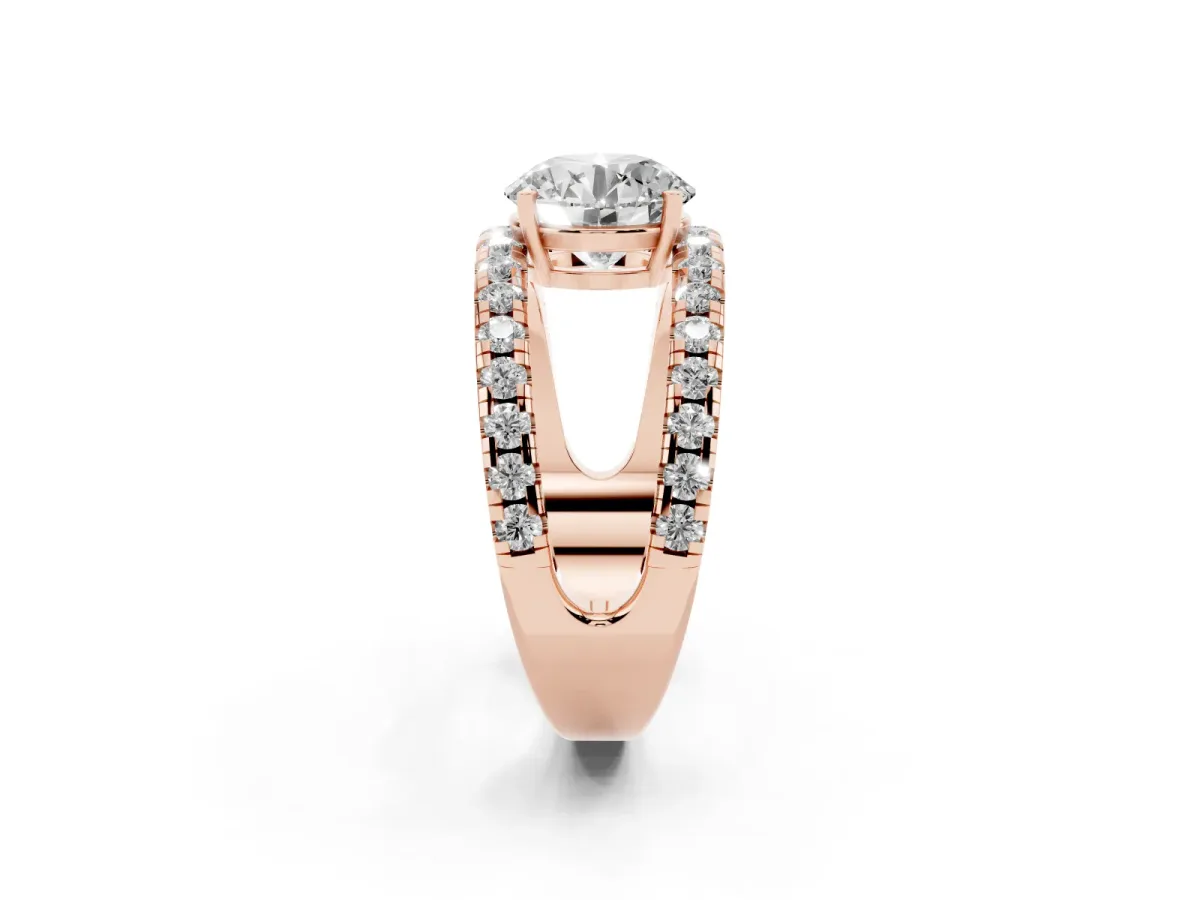 Round Cut Solitaire Split Shank Pave Diamond Ring Rose gold