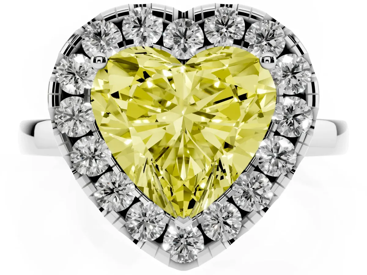 Fancy Yellow Heart Cut Halo Diamond Solitaire with Pavé Band and Four-Prong Setting White gold