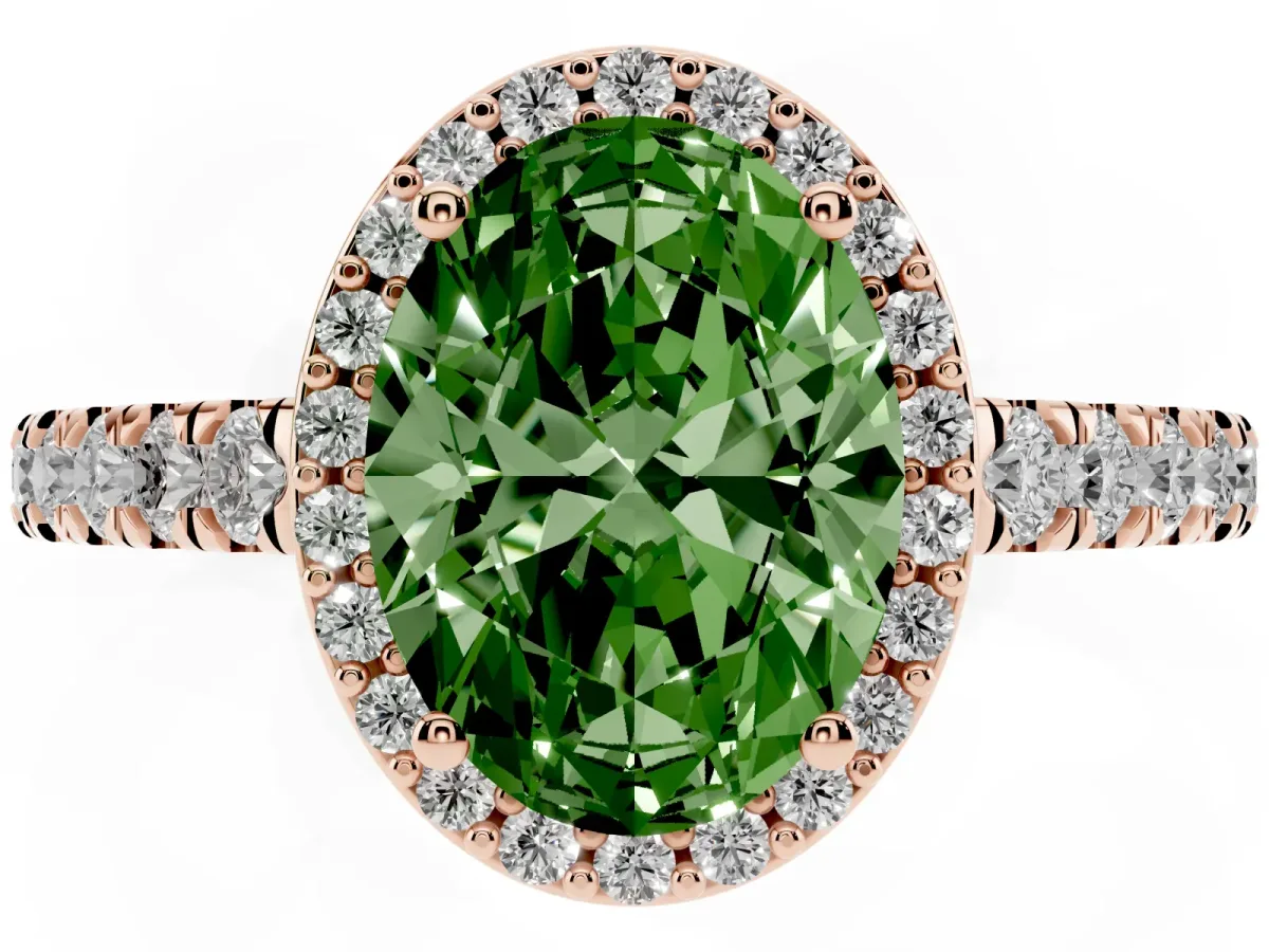 Fancy Green Oval Cut Cut Halo Diamond Engagement Ring with Pave Band and Four-Prong Setting Rose gold