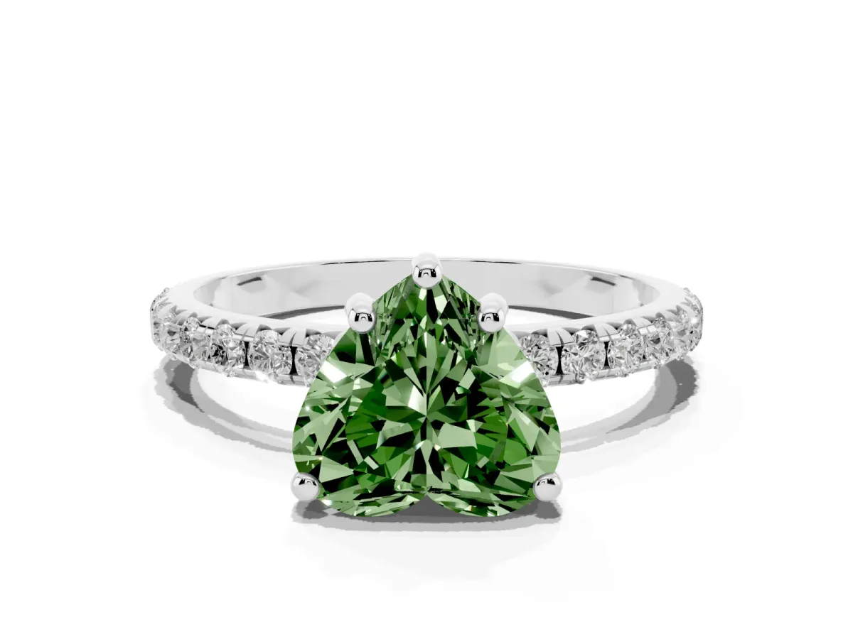 Fancy Green Heart Cut Cut Diamond Solitaire Ring with Micro Pave Band and Four Prong Setting Silver