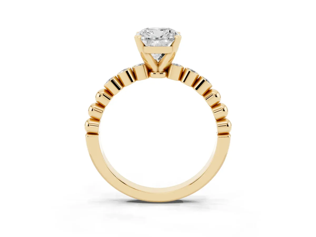Cushion Cut Solitaire Bezel Accent Diamond Engagement Ring with Beaded Band and Four-Prong Setting Yellow gold
