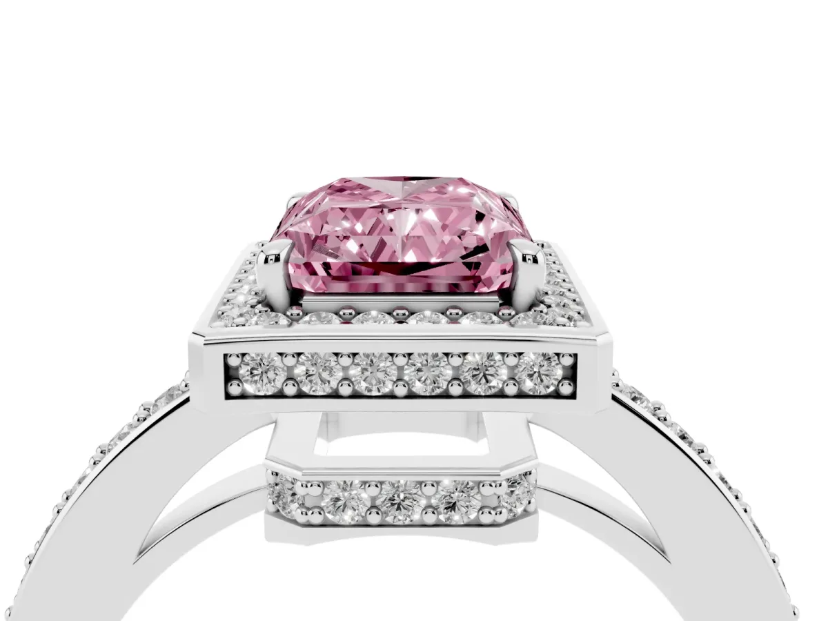 Fancy Pink Radiant Cut Halo Pave Band Solitaire Ring with Prong Setting Silver