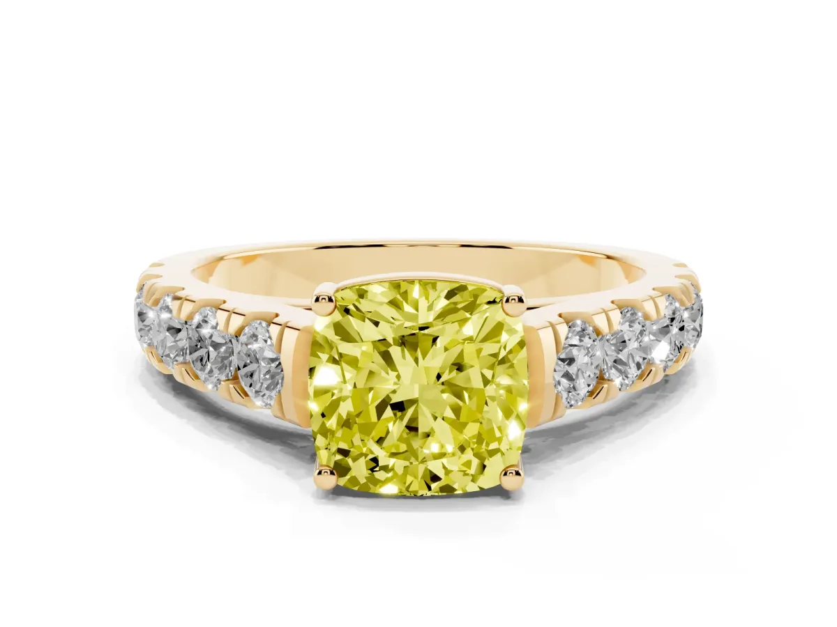 Fancy Yellow Cushion Cut Cut Diamond Solitaire Ring with Micro Pave Band and Prong Setting Yellow gold