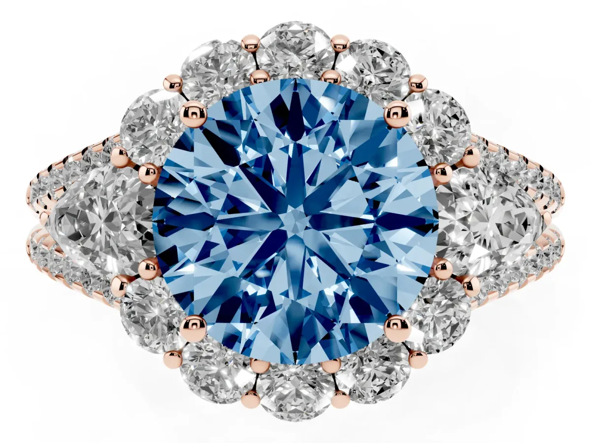 Fancy Blue Round Cut Halo Split Shank Diamond Engagement Ring with Prong Setting Rose gold