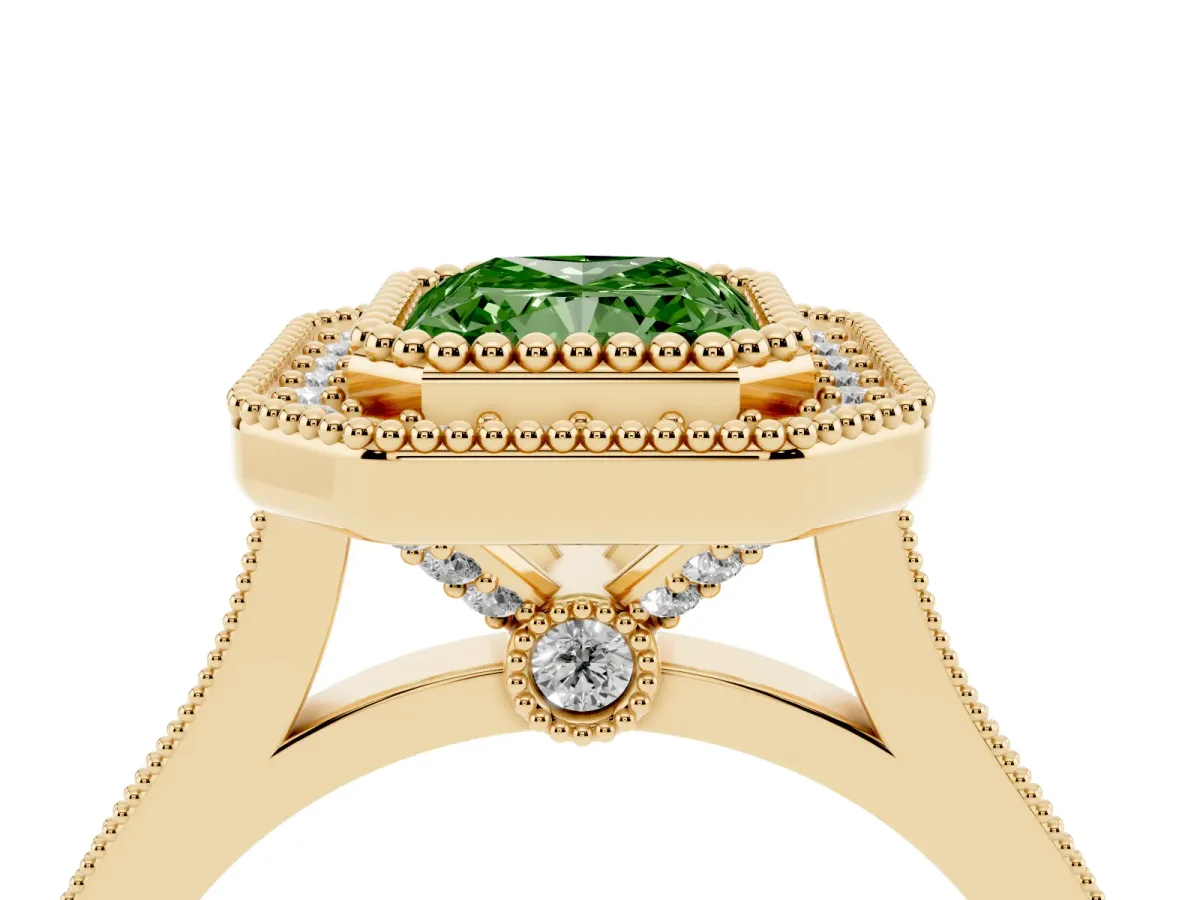 Fancy Green Radiant Cut Diamond Halo Ring with Milgrain Frame and Pavé Band Yellow gold