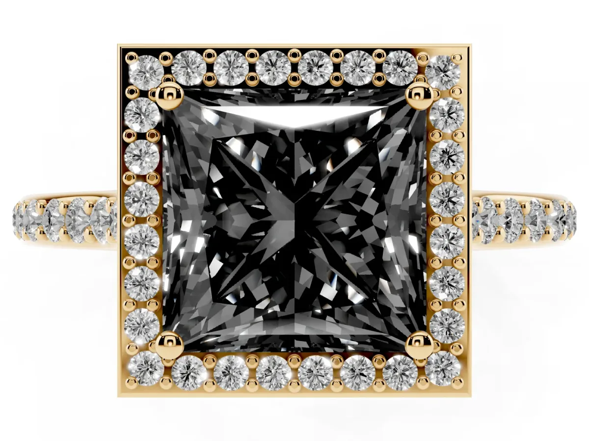 Fancy Black Princess Cut Diamond Halo Engagement Ring with Round Pavé Shoulders and Prong Setting Yellow gold