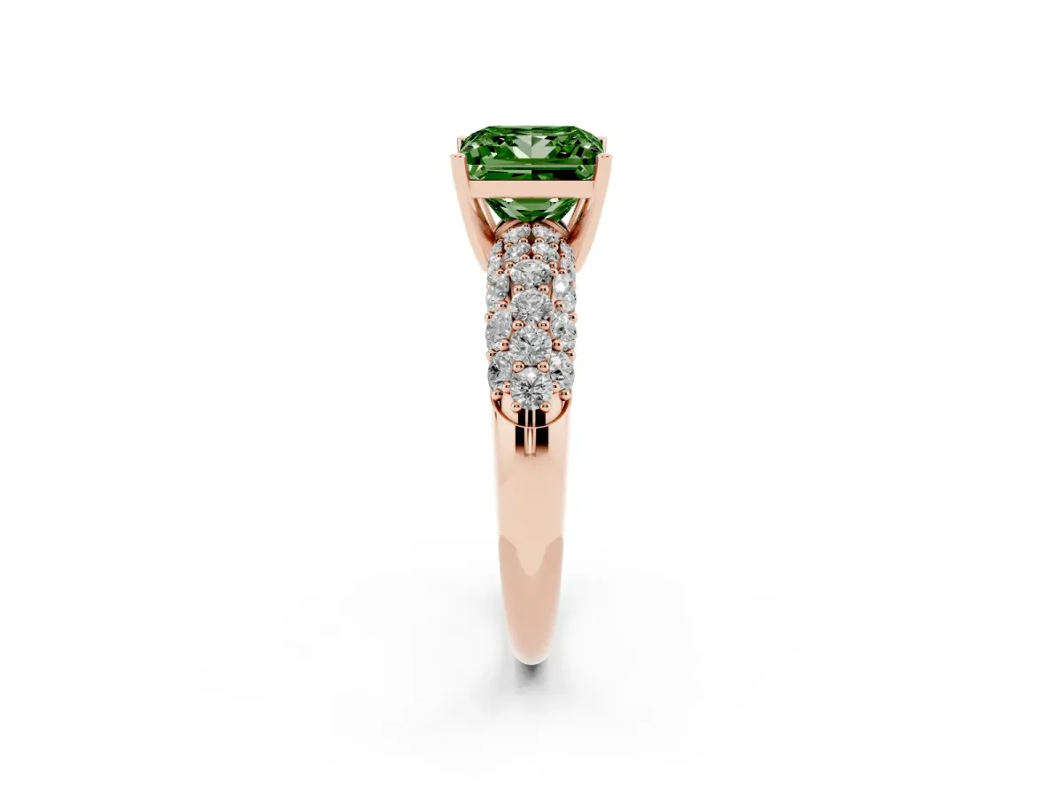 Fancy Green Princess Cut Diamond Pavé Band Solitaire Ring with Four-Prong Setting Rose gold