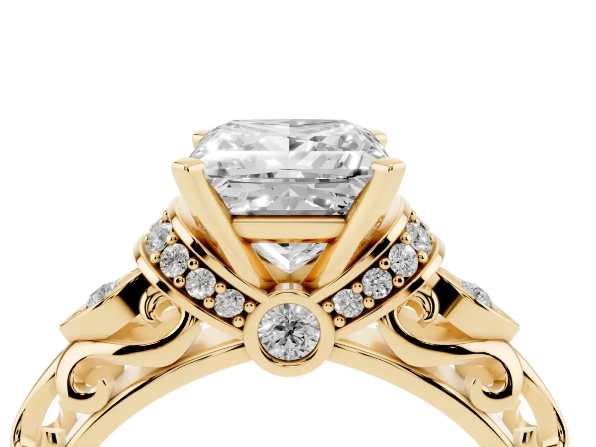Princess Cut Diamond Solitaire Ring with Filigree Band and Four-Prong Setting Yellow gold