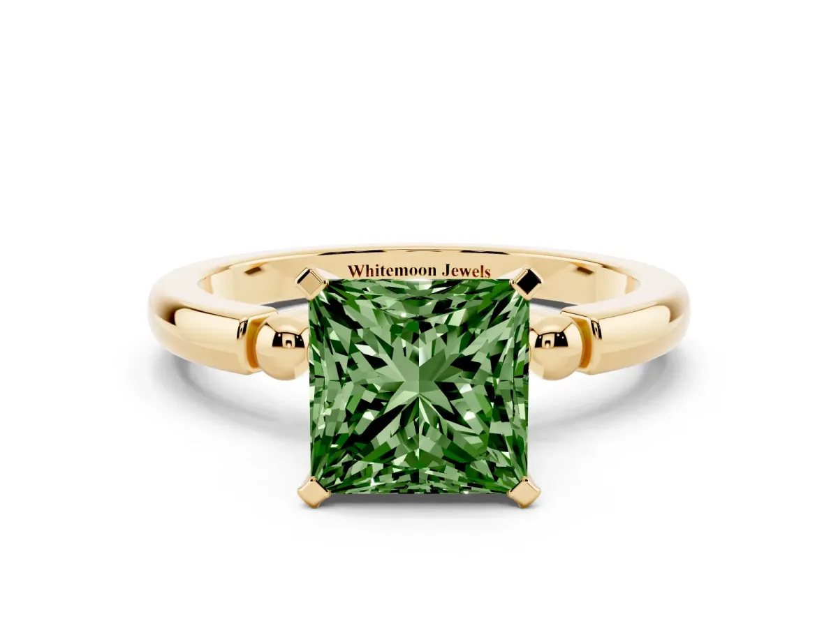 Fancy Green Princess Cut Solitaire Beaded Band with Four-Prong Setting Yellow gold
