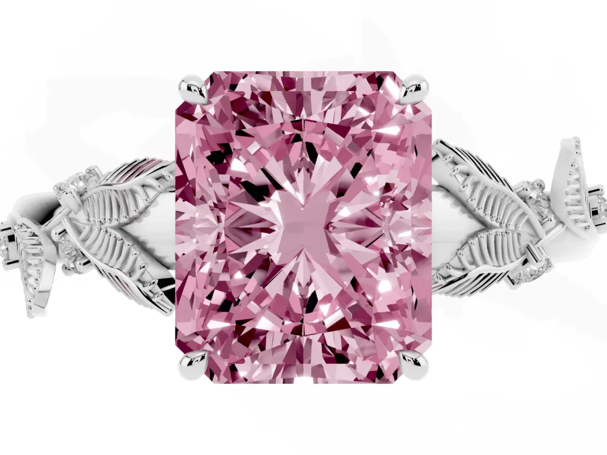 Fancy Pink Radiant Cut Diamond Solitaire Ring with Leaf Motif Band and Four-Prong Setting Silver