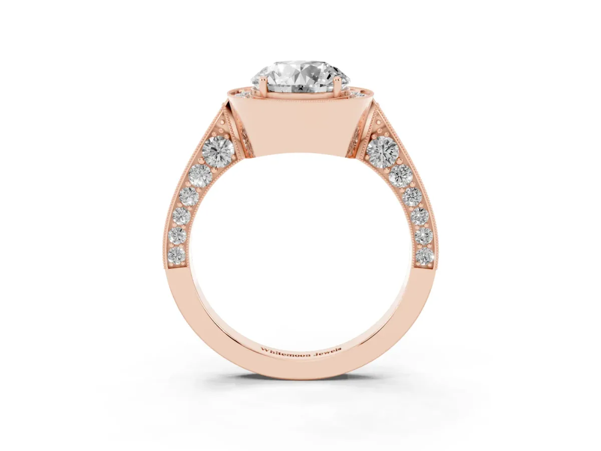 Round Cut Halo Diamond Engagement Ring with Split Shank Band and Four-Prong Setting Rose gold