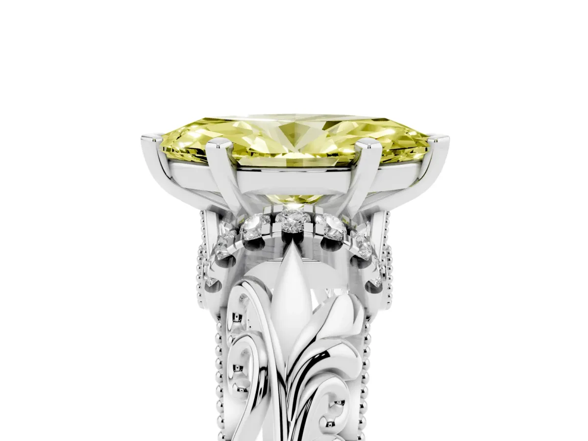 Fancy Yellow Marquise Cut Solitaire Filigree Engagement Ring with Halo and Prong Setting White gold