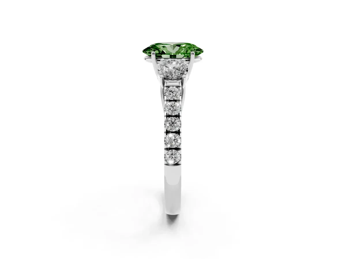 Fancy Green Oval Cut Cut Diamond Three-Stone Ring with Round Side Stones and Pavé Band Platinum
