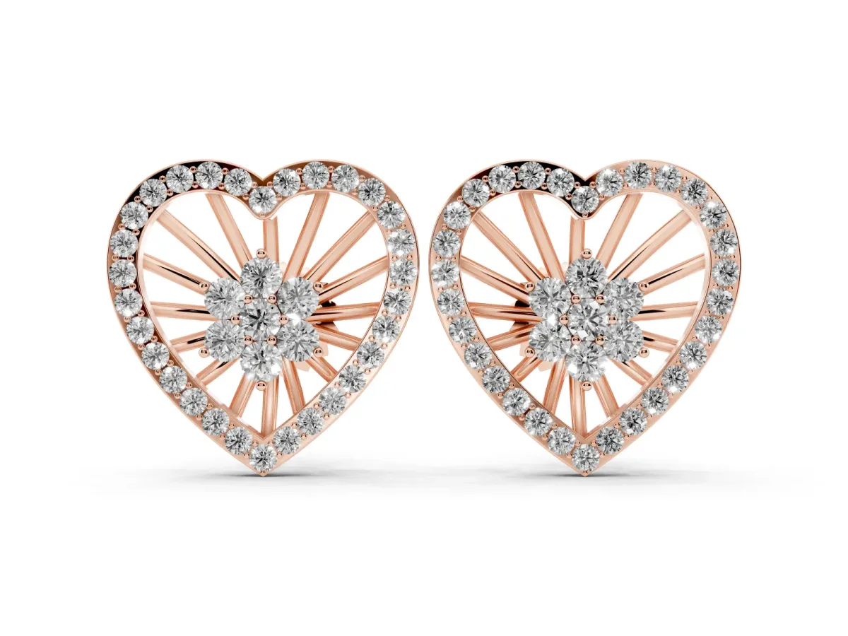 Round Diamond Open Heart Cluster Stud Earrings Rose gold