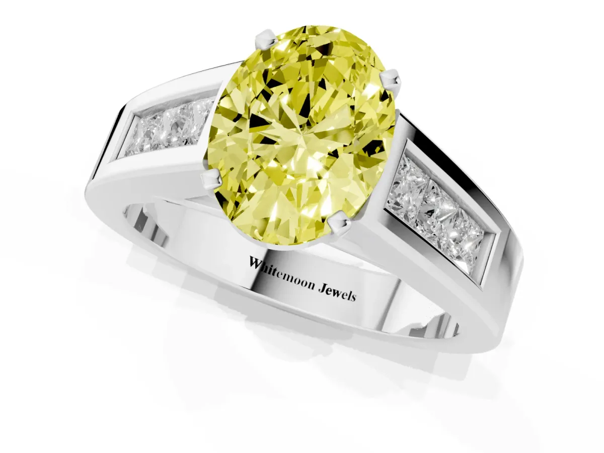 Fancy Yellow Oval Cut Cut Channel Set Solitaire Ring with Four-Prong Setting Silver