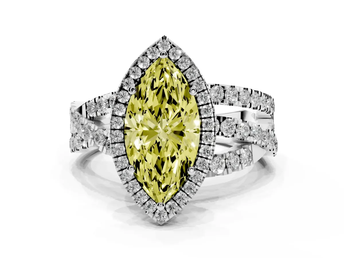 Fancy Yellow Marquise Cut Diamond Halo Ring with Round Split Shank and Prong Setting Silver