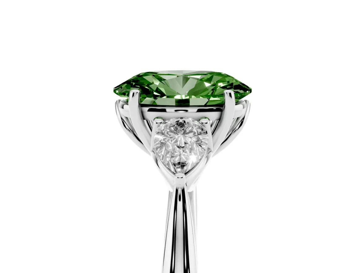 Fancy Green Three-Stone Oval Cut Diamond Ring with Pear Side Stones in Four-Prong Setting Platinum
