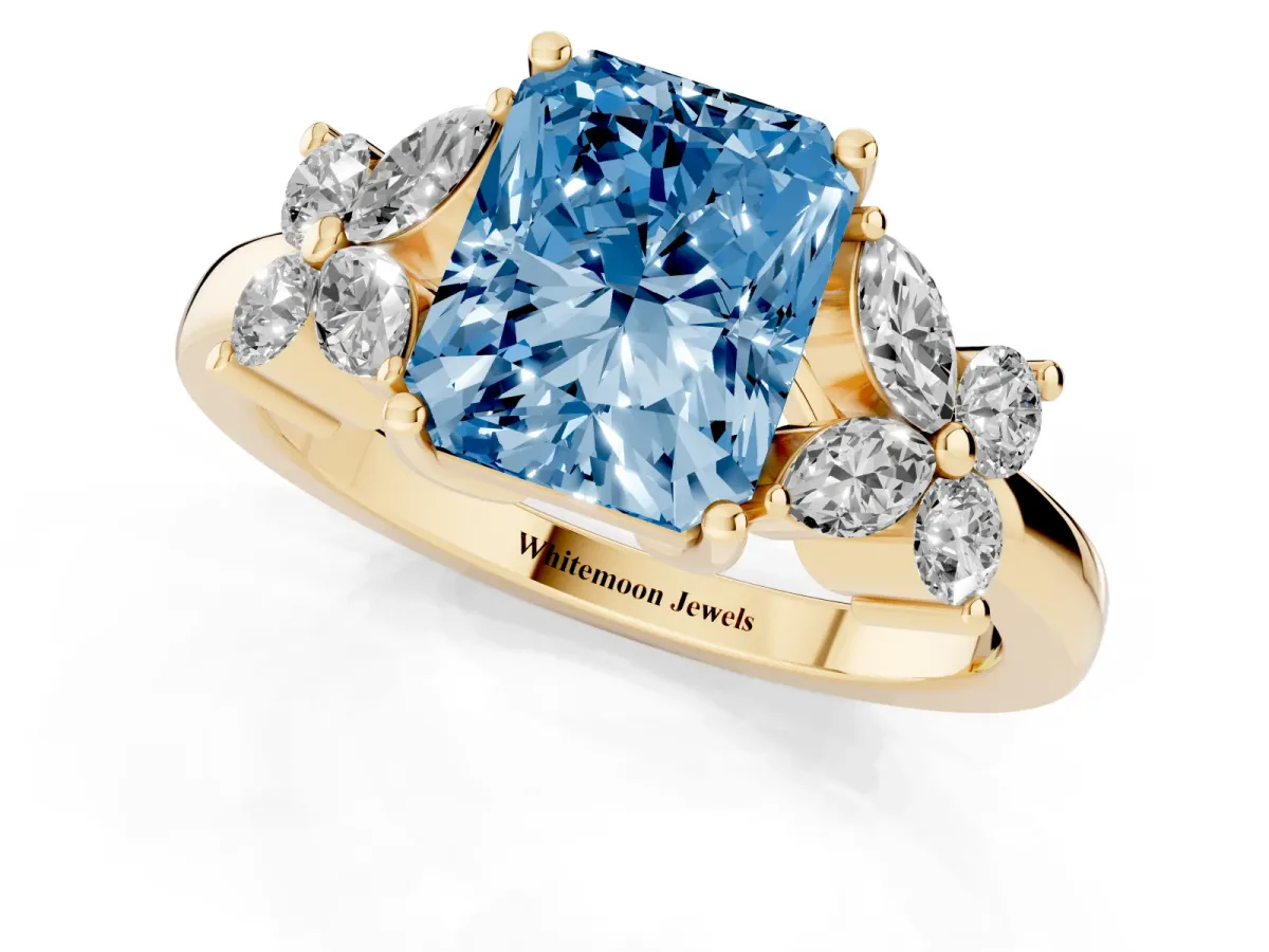 Fancy Blue Radiant Cut Diamond Floral Cluster Ring with Solitaire Band and Prong Setting Yellow gold