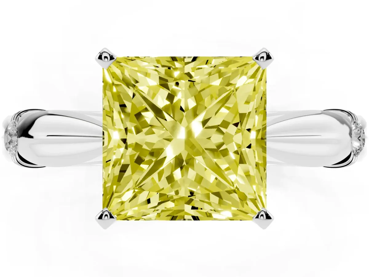 Fancy Yellow Princess Cut Solitaire Diamond Twisted Band with Four-Prong Setting Platinum