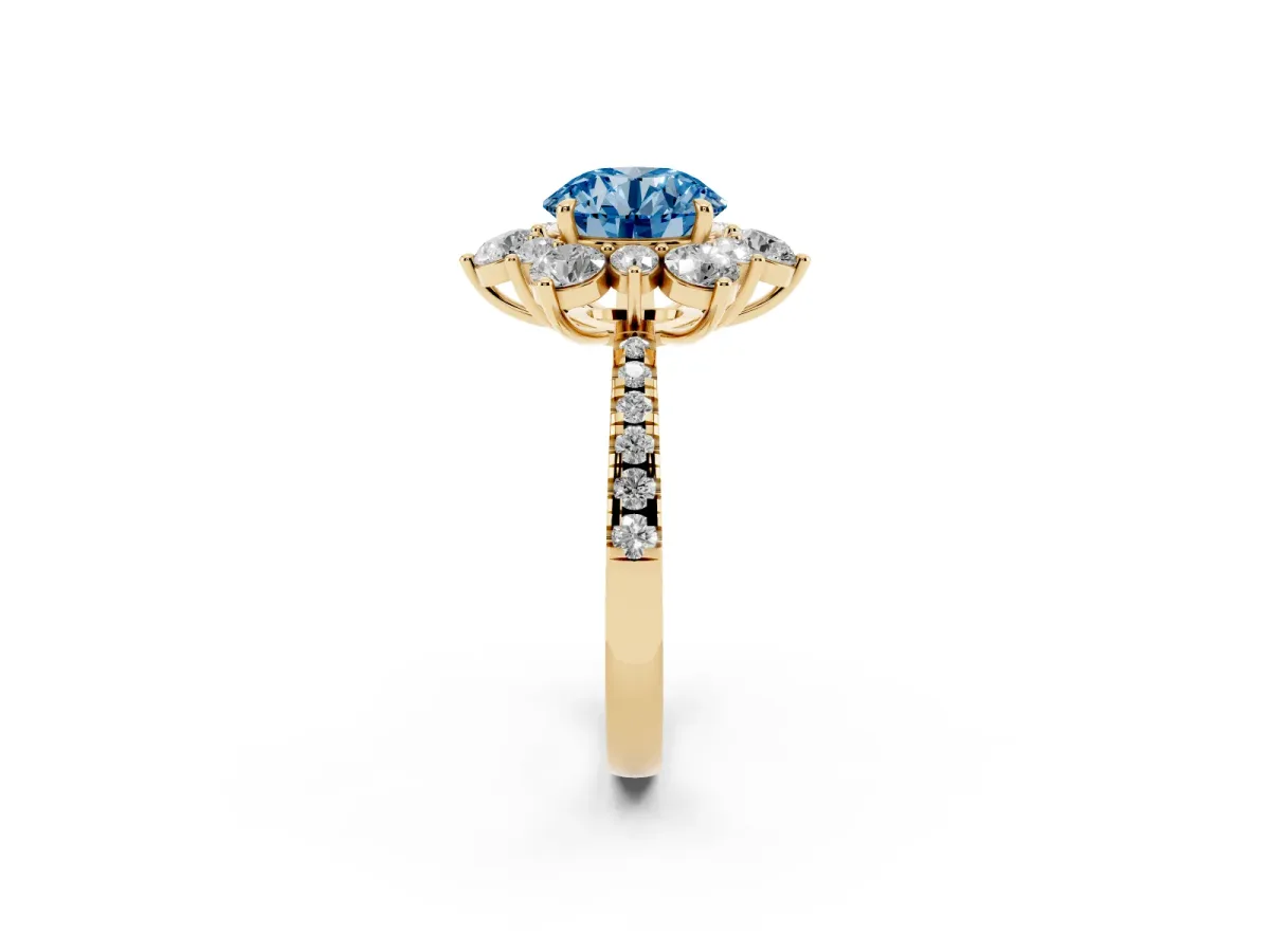 Fancy Blue Round Cut Diamond Floral Halo Ring with Round Pavé Band and Prong Setting Yellow gold