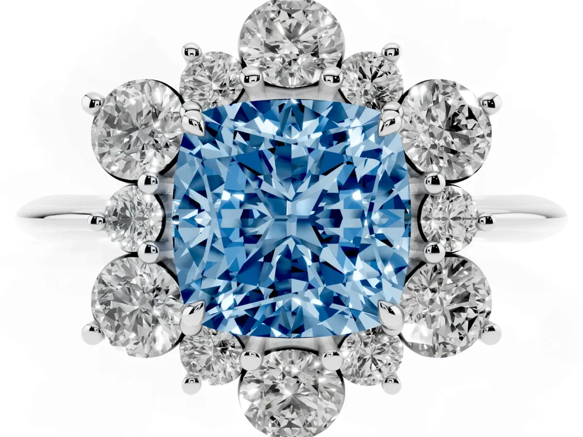 Fancy Blue Cushion Cut Diamond Cluster Halo Ring with Solitaire Band and Four-Prong Setting Silver