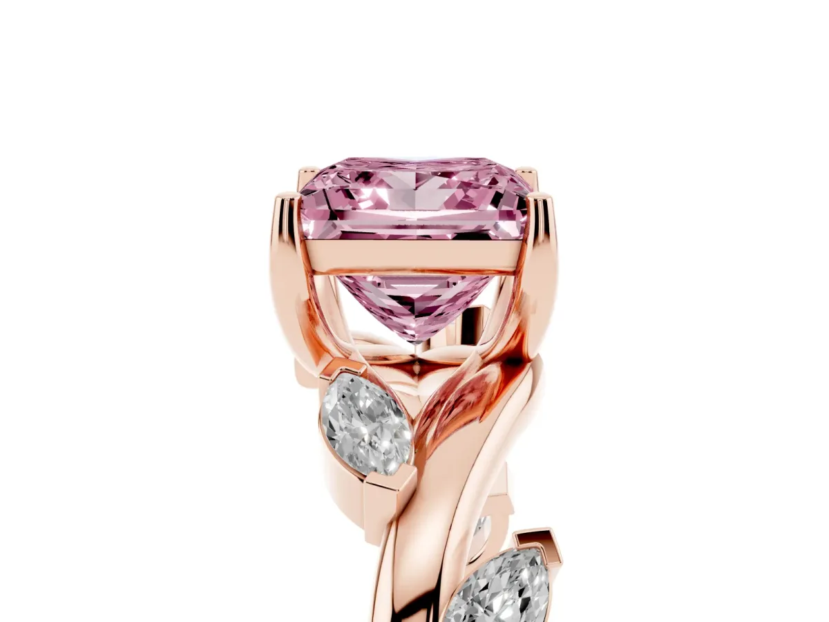 Fancy Pink Princess Cut Solitaire Twisted Band Marquise Accent Prong Setting Ring Rose gold