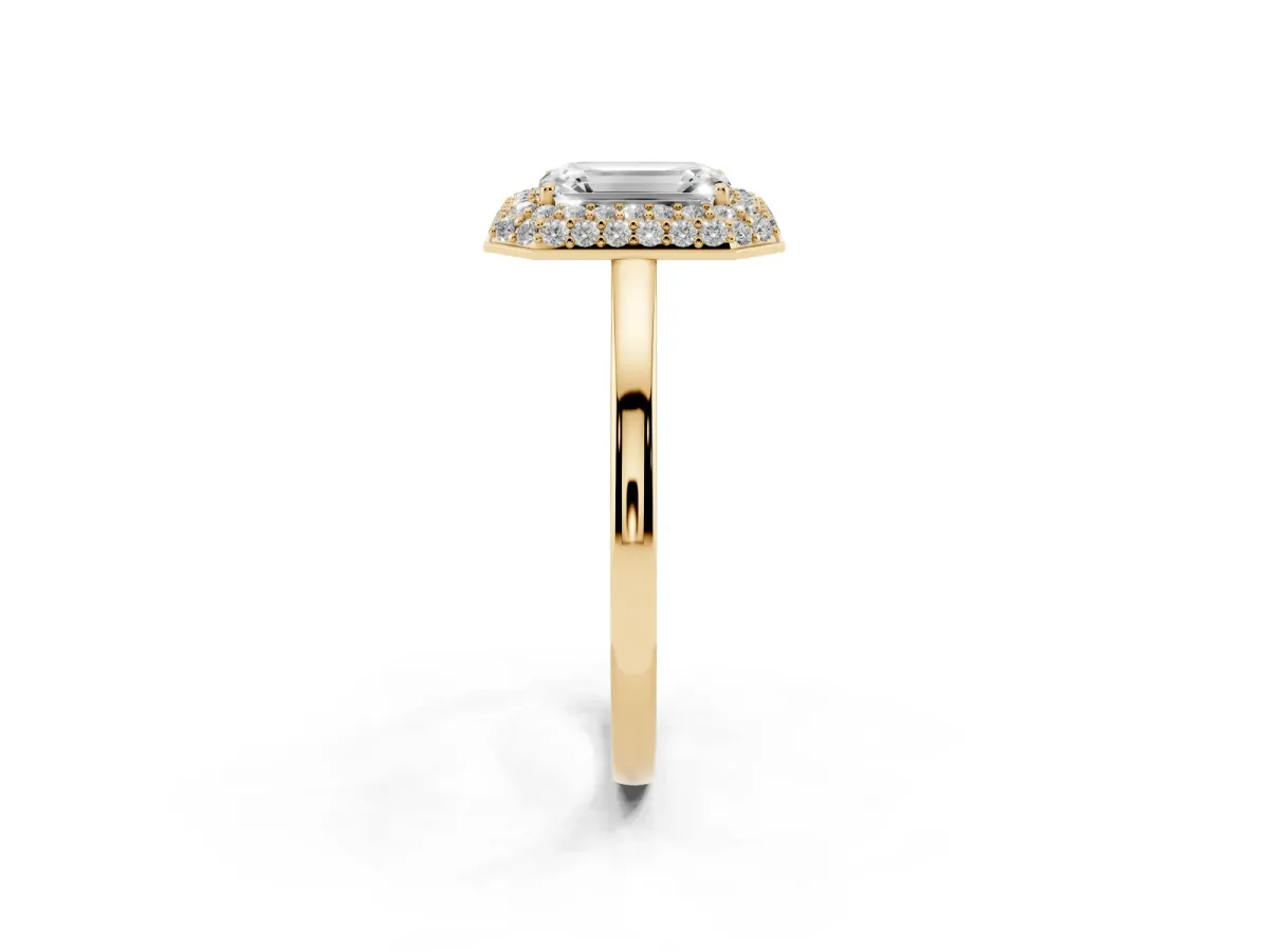 Emerald Cut Halo Diamond Engagement Ring with Solitaire Band and Four-Prong Setting Yellow gold