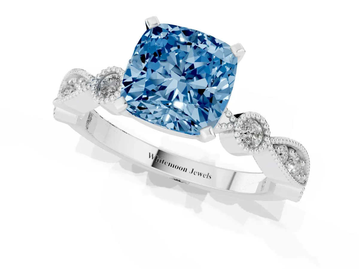 Fancy Blue Cushion Cut Milgrain Bezel Diamond Engagement Ring with Solitaire Prong Setting Platinum