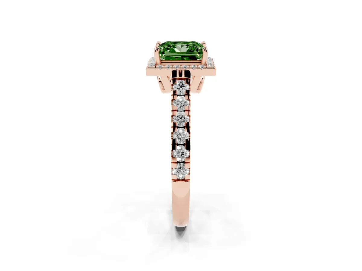 Fancy Green Princess Cut Halo Pavé Diamond Engagement Ring with Four-Prong Setting Rose gold