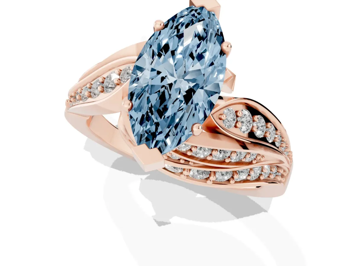 Fancy Blue Marquise Cut Diamond Solitaire Ring with Prong Setting and Twisted Pavé Band Rose gold