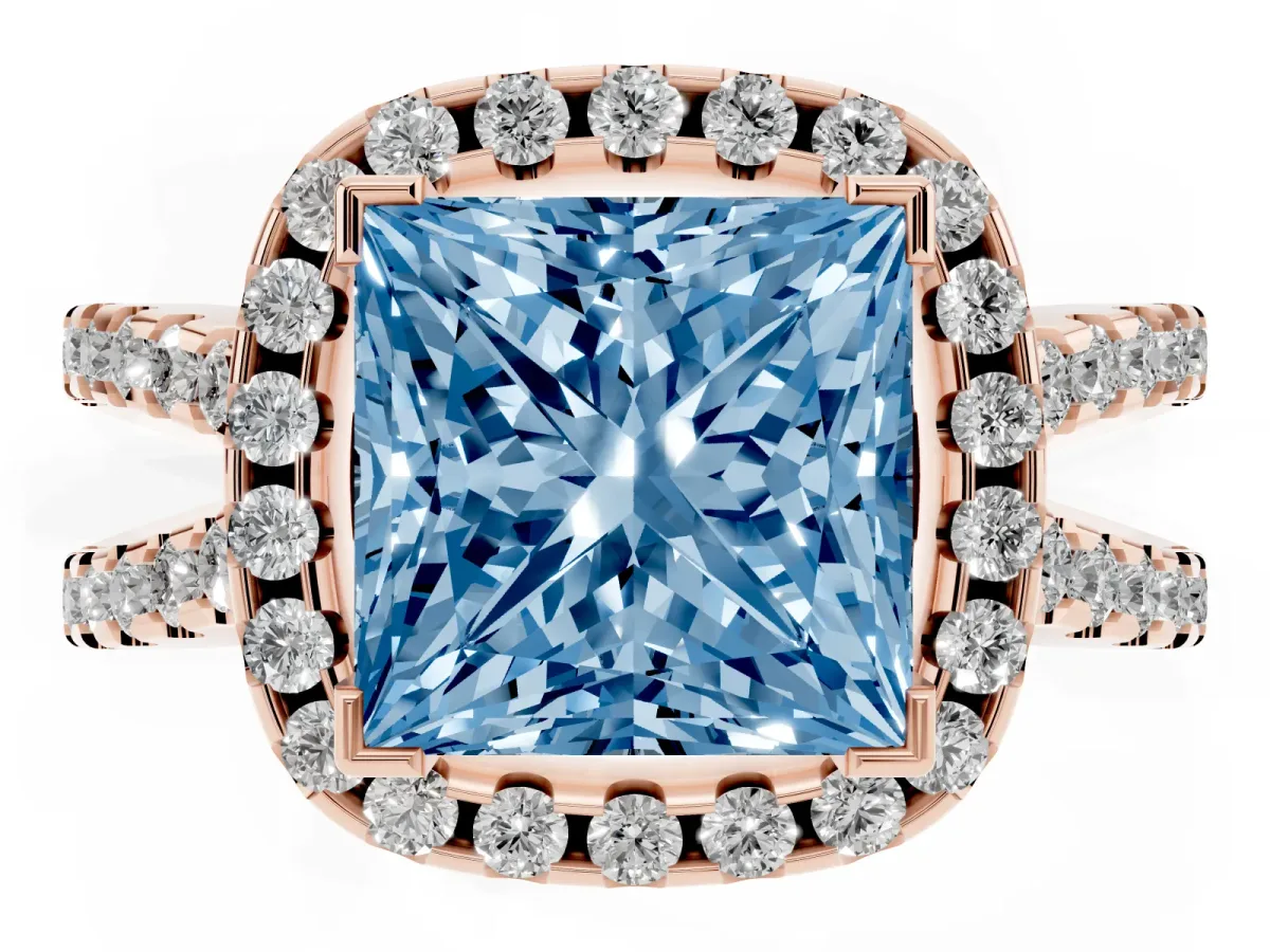 Fancy Blue Princess Cut Diamond Halo Ring with Split Shank Pavé Band and Prong Setting Rose gold