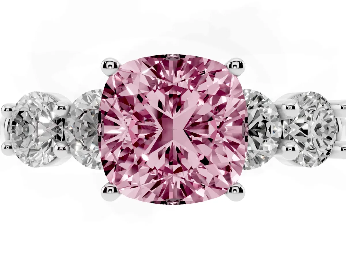 Fancy Pink Cushion Cut Cut Five-Stone Prong Set Diamond Ring with Classic Band Silver